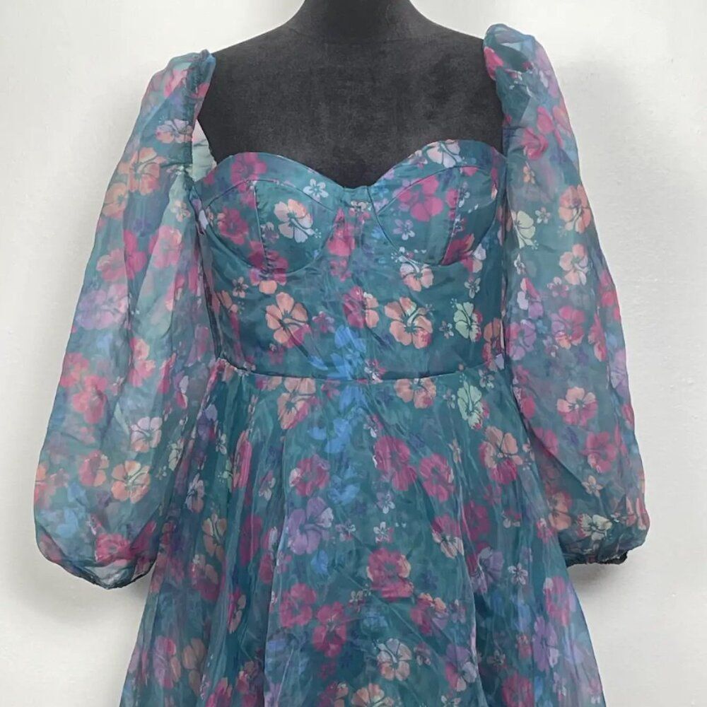Selkie-Inspired Floral Organza Dress with Puff Sleeves